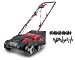 Elektro Vertikutierer SC32 Scheppach, Arbeitsbreite 32 cm, 30L Korb, Vertikutier- und Lüfterwalze. Gezeigt von der Seite mit Zubehör.