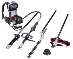 4in1 Multigartengerät MFH5300-4BP von Scheppach mit verschiedenen Aufsätzen, darunter eine Motorsäge, ein Freischneider, ein Trennschleifer und ein Rasenmäher. Das Gerät wird mit einem Rucksack getragen und hat einen Benzinmotor.