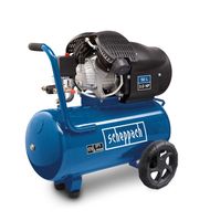 Scheppach Kompressor HC53DC mit 50L Tank und 3,0 HP Motor. Seitliche Ansicht des Kompressors mit Griff und Rädern.