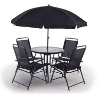 Balkonset 6-tlg. PX-BS-1 Practixx mit 4 Klappstühlen, Sonnenschirm und Glastisch. Klappbare Stühle mit Mesh-Sitzflächen und -rückenlehnen. Sonnenschirm mit schwarzem Dach. Tisch mit runder Glasplatte. Alle Teile in Schwarz-Anthrazit.