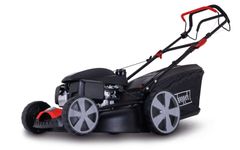 Benzinrasenmäher MS170-51H Scheppach, seitliche Ansicht, Honda-Motor, 51 cm Schnittbreite, 60 L Fangbox, 6-stufige Schnitthöhenverstellung.