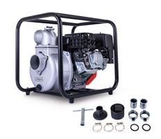 Benzin Wasserpumpe PWP60 Scheppach, Ansicht von vorne. Mitgelieferte Teile sind separat abgebildet.