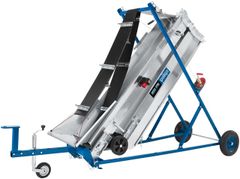 Scheppach Zugdeichsel mit Stützrad und Schlepper-Zugöse, seitliche Ansicht.