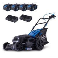 Der Akku Rasenmäher BC-MP470-X von Scheppach mit 47 cm Schnittbreite, Vario Radantrieb, LED Beleuchtung und 7-fach verstellbarer Schnitthöhe. Inklusive 4x 4Ah Akku und 2x Ladegerät.