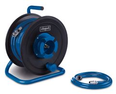 Druckluft-Schlauchtrommel von Scheppach, seitliche Ansicht mit teilweise abgewickelter Schlauchleitung.