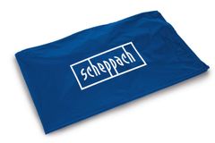 Abdeckhaube von Scheppach, blau mit weißem Logo, liegt flach auf einer Oberfläche.