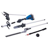 Das Scheppach Akku-Multifunktionsgerät BC-MFH400-X bietet vier Funktionen: Heckenschere, Astsäge, Hedge Trimmer und Rechen. Es verfügt über eine drehzahlanpassbare, bürstenlose Motor-Technologie für präzise und effiziente Arbeit.