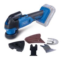 Das Akku-Multifunktionswerkzeug C-MT40-X von Scheppach. Enthält verschiedene Aufsätze wie Schleifscheiben, Sägeblätter und Schleifplatten. Ideal für Heimwerker.