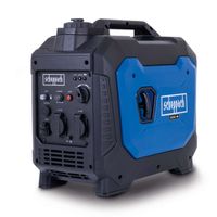 Der Scheppach Inverter Stromerzeuger SG3500i mit 3200 Watt Leistung. Ausstattungsmerkmale: DC 12V, DC 8A, AC 230V, PE-Anschluss, Überlastschutz, Eco-Modus, Reset-Taste, Start/Stop-Schalter.