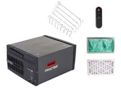Luftreiniger PX-LR-400 Practixx von Scheppach. Gezeigt von der Frontseite. Dazu gehören ein Fernbedienung, ein Filter, ein Filterrahmen und Aufhänger.