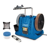 Das Nass-Schleifsystem TIGER 5000S von Scheppach mit 150W Leistung, Körnung K220, Schleifstein ⌀200mm und Stärke 40mm. Enthält Schleifstein, Schutzhaube, Bedienungsanleitung und Zubehör.