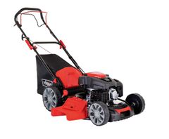 Benzin-Rasenmäher MS225-56 Scheppach, seitliche Ansicht, mit Fangbox und Motor.