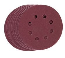 Ein Stapel runder Schleifscheiben mit Löchern, von vorne fotografiert. Produktname: Schleifpapier-Set Scheppach (DIY).