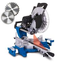 Kappzugsäge HM140L mit 2 Sägeblättern, 2000W Leistung, 330mm Schnittbreite, 105mm Schnitthöhe. Gezeigt von der Seite mit hervorgehobenem Kappzugmechanismus.