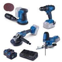 Das Akku-Aktions-Set AS200 von Scheppach enthält eine Stichsäge, einen Bohrschrauber, einen Exzenterschleifer und einen Winkelschleifer. Inklusive 2x 4Ah Akku und 2,4A Doppelladegerät.