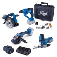 Das Akku-Aktions-Set AS100 von Scheppach enthält eine Stichsäge, Handkreissäge, Winkelschleifer und Bohrhammer. Inklusive 2x 4Ah Akku und 2,4A Doppelladegerät. Alle Geräte sind kabellos und für den DIY-Einsatz geeignet.