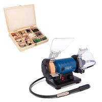 Doppelschleifer HG35 von Scheppach mit flexibler Welle, inkl. 2 Schleifscheiben (Ø75mm x 20mm) und 103-teiligem Zubehörset. Das Zubehörset enthält verschiedene Schleif- und Polieraufsätze sowie Werkzeuge zur Bearbeitung von Materialien.