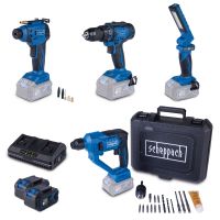 Das Akku-Aktions-Set AS300 von Scheppach umfasst einen Bohrhammer, einen Bohrschrauber, einen Handkompressor und eine Arbeitsleuchte. Inklusive 4Ah Akku und 2,4A Doppelladegerät. Ideal für Heimwerkerprojekte.