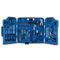 Der Werkzeugkoffer TB99 von Scheppach enthält eine Vielzahl von Werkzeugen, darunter Schraubendreher, Zangen, Schraubenschlüssel, Hammer, Bohrer und mehr. Ideal für Heimwerker und Profis.