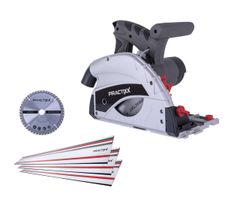 Tauchsäge PX-TS-55 Practixx von Scheppach mit Sägeblatt und Schienen. Die Tauchsäge ist von der Seite zu sehen.
