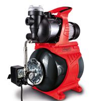 Hauswasserwerk HWW1000 von Scheppach mit 1000W Leistung, 4300 L/h Fördermenge, 19L Tank, 4,4 bar Förderdruck und 44m Förderhöhe. Gezeigt von der Seite mit Blick auf den Motor und die Pumpeinheit.