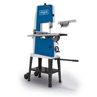 Bandsäge BASA3 von Scheppach mit Vario Drive. Wichtige Merkmale: 400V, 700W, maximale Durchlasshöhe 205 mm, Durchlassbreite 306 mm. Gezeigt von der Seite mit ausgeklapptem Gehrungsanschlag.