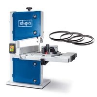 Bandsäge HBS30 von Scheppach mit 350W Leistung und 230V Spannung. Durchlasshöhe 80 mm, Durchlassbreite 200 mm. Lieferumfang umfasst 3 Sägebänder. Gezeigt von der Seite mit Blick auf die Sägebänder.