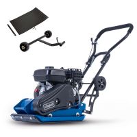Rüttelplatte HP2300S von Scheppach mit 13 kN Verdichtungskraft, 5,6 PS Motor und 82 kg Gewicht. Inklusive Fahrvorrichtung und Gummimatte für verschiedene Untergründe.