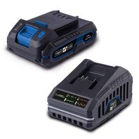 Starter-Kit 2.0 von Scheppach inkl. 20 V / 2,0 Ah Akku und 2,4 A / 65 W Ladegerät mit LED-Anzeige und Wandhalterung. Der Akku zeigt den Ladezustand an.