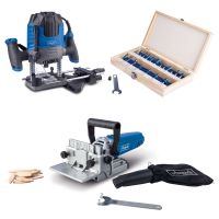 Scheppach Oberfräse mit integriertem Werkzeugset und Flachdübelfräse, inkl. Schutzhandschuhen und Werkzeughalterungen