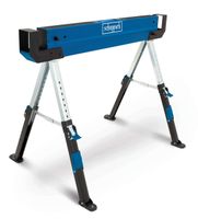 Arbeitsbock MWB600 Scheppach, seitliche Ansicht, mit ausziehbaren Beinen und blauen Akzenten.