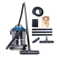 Nass-Trockensauger NTS20 Scheppach mit 1200W Leistung und 20L Edelstahlbehälter. Inklusive Ausblasfunktion und Zubehör wie Schlauch, Filter und Aufsätze. Gezeigt von der Seite.