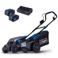 Der Akku-Rasenmäher BC-MP380-X von Scheppach mit 38 cm Schnittbreite, 45L Fangkorb und 40V Akku. Inklusive Ladegerät und zwei Akkus. Geeignet für bis zu 500 m² Rasenfläche.