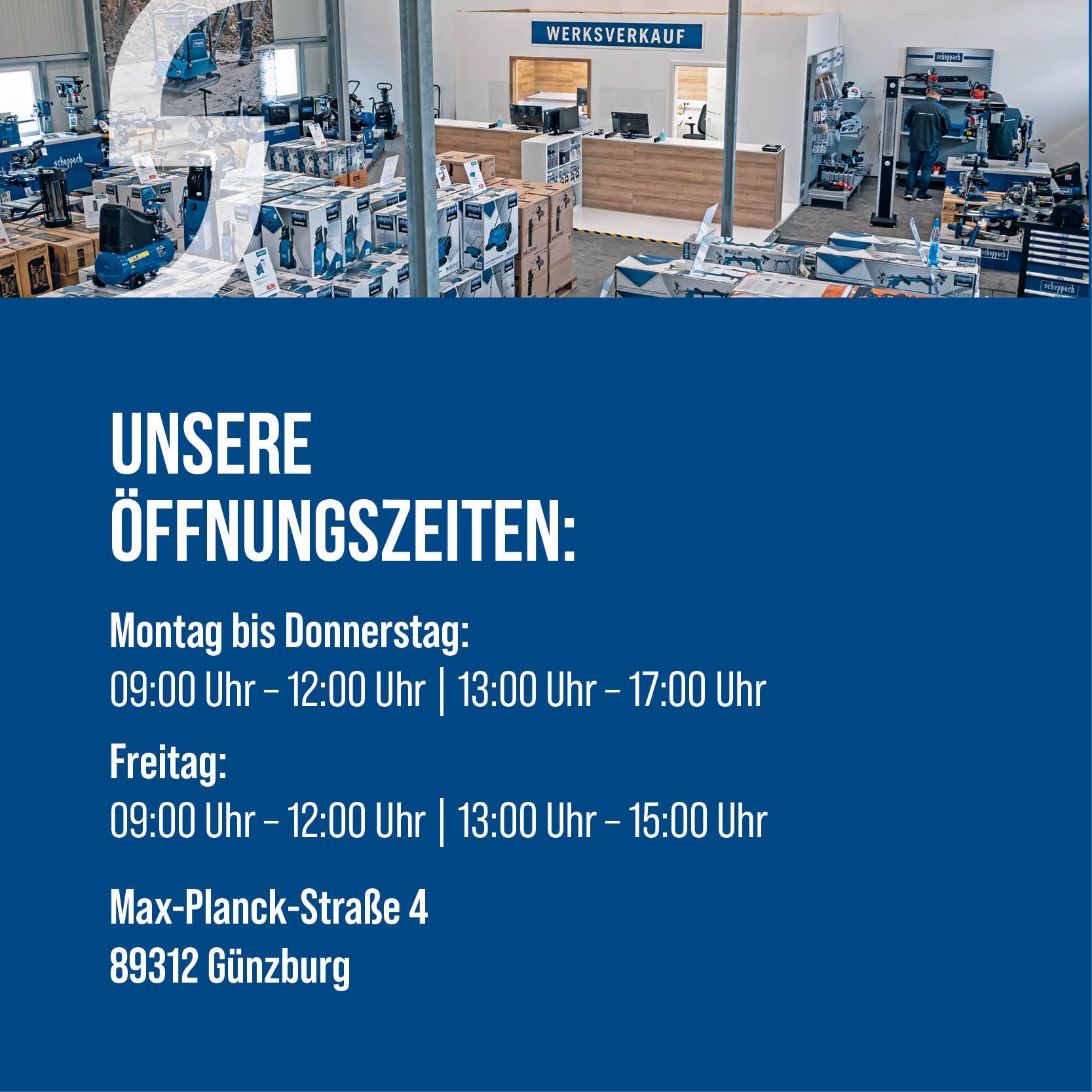 Bild einer Werkstatt mit Werkzeugausstellung von Scheppach, Öffnungszeiten für Werkverkauf