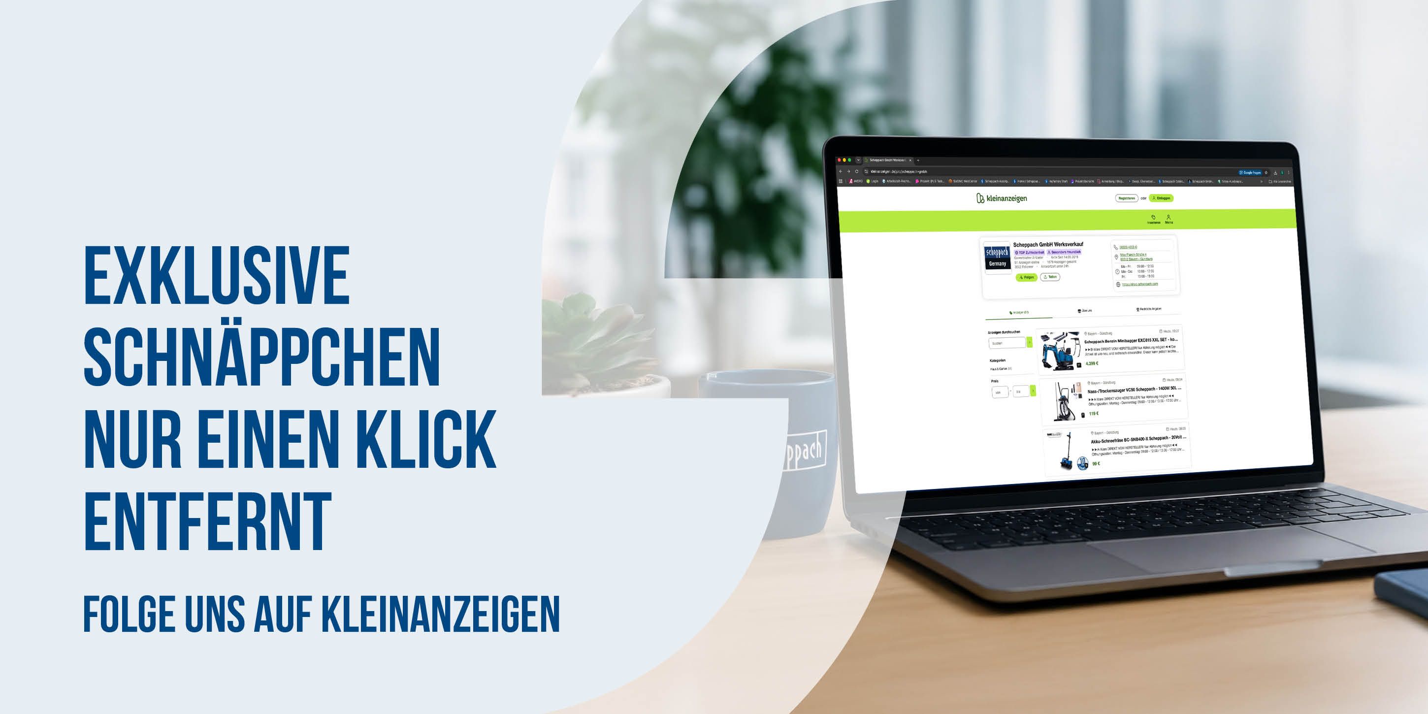 Anzeige für exklusive Schnäppchen auf Kleinanzeigen-Website von Scheppach mit Laptop und Produktbeispielen