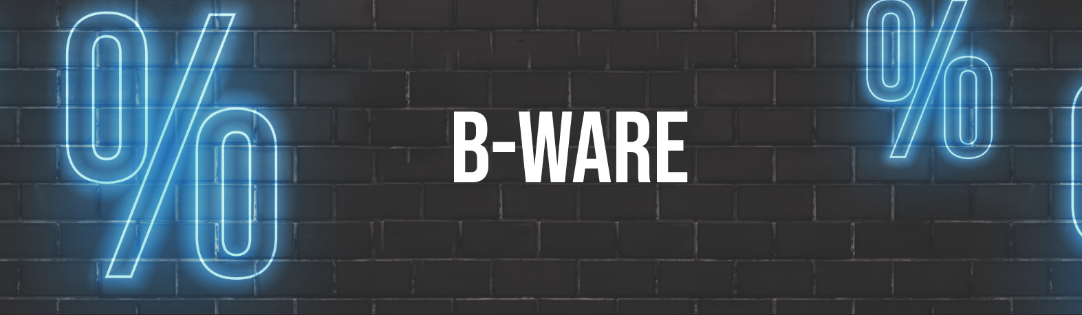 Banner mit B-Ware-Logo und Prozentzeichen, blau leuchtend auf schwarzem Hintergrund.