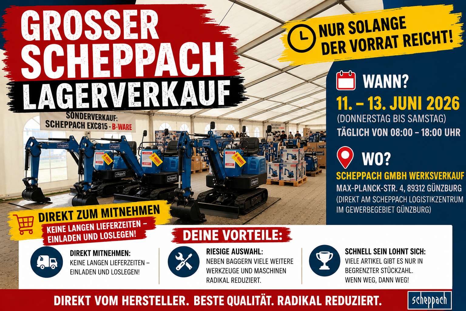 Angebotssammlung von Lagerverkaufsmaschinen und Werkzeugen von Scheppach für Werkstattverkauf