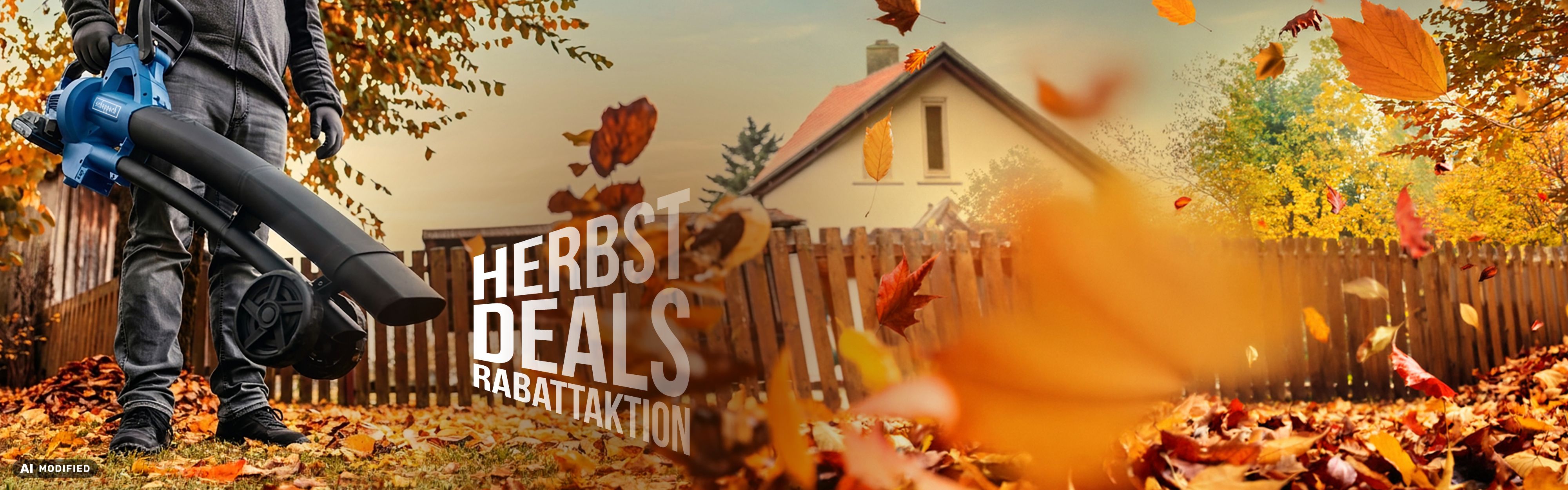 Person mit Scheppach-Laubbläser bei Herbstfärbung, Falllaub und Rabattaktionen im Hintergrund