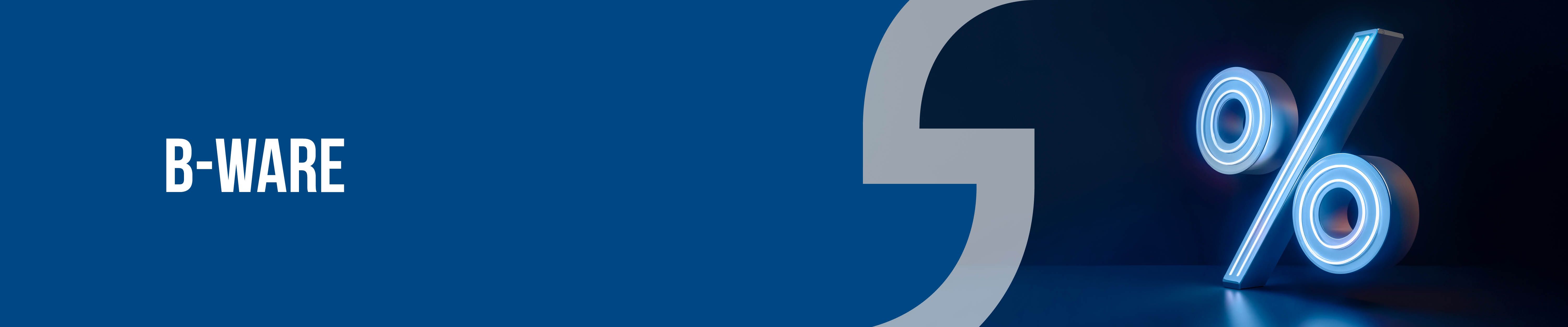 B-WARE-Banner mit Symbolen für Warnung und Prozent für Angebote