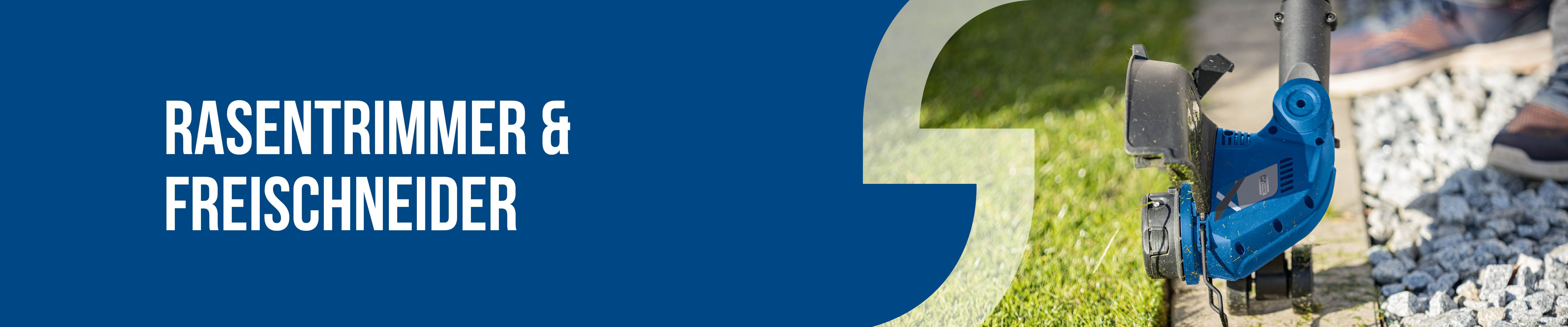 Scheppach Rasenmäher- und Freischneider-Banner mit Gartenwerkzeug