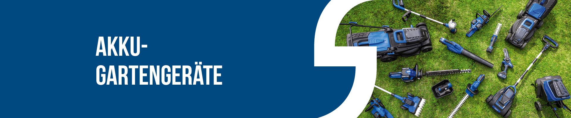 Bildschirmfoto von Akku-Gartengeräten von Scheppach mit verschiedenen Gartenwerkzeugen wie Rasenmäher, Heckenscheren und Schneidewerkzeugen auf grünem Rasen.
