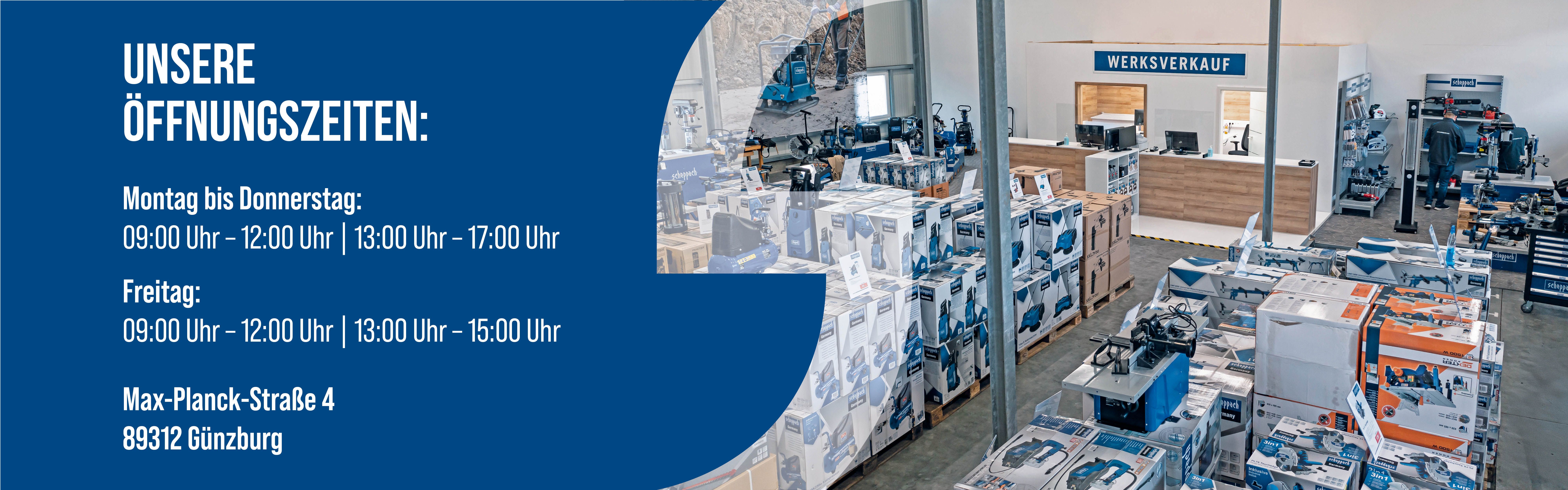 Bild einer Werkstatt mit Ausstellungsbereich für Scheppach-Tools, Öffnungszeiten für Werkverkauf