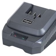 Scheppach-Ladegerät mit Anschluss für Akku-Batterie, Ladeleuchte und Kühlrippen