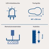 Die Dekupiersäge DECO SL Scheppach verfügt über eine LED-Arbeitsleuchte, eine Tischgröße von 407 x 254 mm, einen Werkstückniederhalter und eine Hubhöhe von 18 mm.
