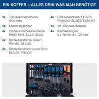 Werkzeugkoffer TB200 mit detaillierter Übersicht der enthaltenen Werkzeuge: Teleskopmagnetheber, Schraubendreher, Spannungsprüfer, Klemmzangen und Präzisionsschraubendreher-Sätze.