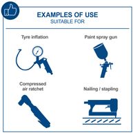 The Scheppach HC06 compressor has 8 bar pressure and a 6-litre tank. It is oil-free and comes with a 5-piece accessory set and a 5-metre hose.