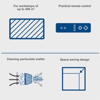 The Scheppach HDA-14 air purifier is suitable for workshops up to 400 m². It features a practical remote control, cleans particulate matter, and has a space-saving design.