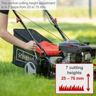 Scheppach petrol lawn mower with 7 height settings ranging from 25 to 75 mm