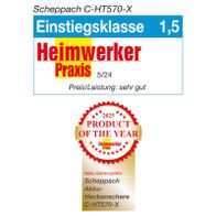 Die Akku-Heckenschere C-HT570-X von Scheppach wurde 2025 von Heimwerker Praxis zum Produkt des Jahres gewählt. Sie erhielt die Bewertung 'Einstiegsklasse 1,5' und 'Preis/Leistung gut' in der Ausgabe 5/2024.