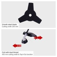 The Scheppach BCH3300PB petrol brushcutter features a 3-tooth steel blade with a 255 mm cutting width and a coil with dual thread with a 450 mm cutting width and Tap'n'Go function.